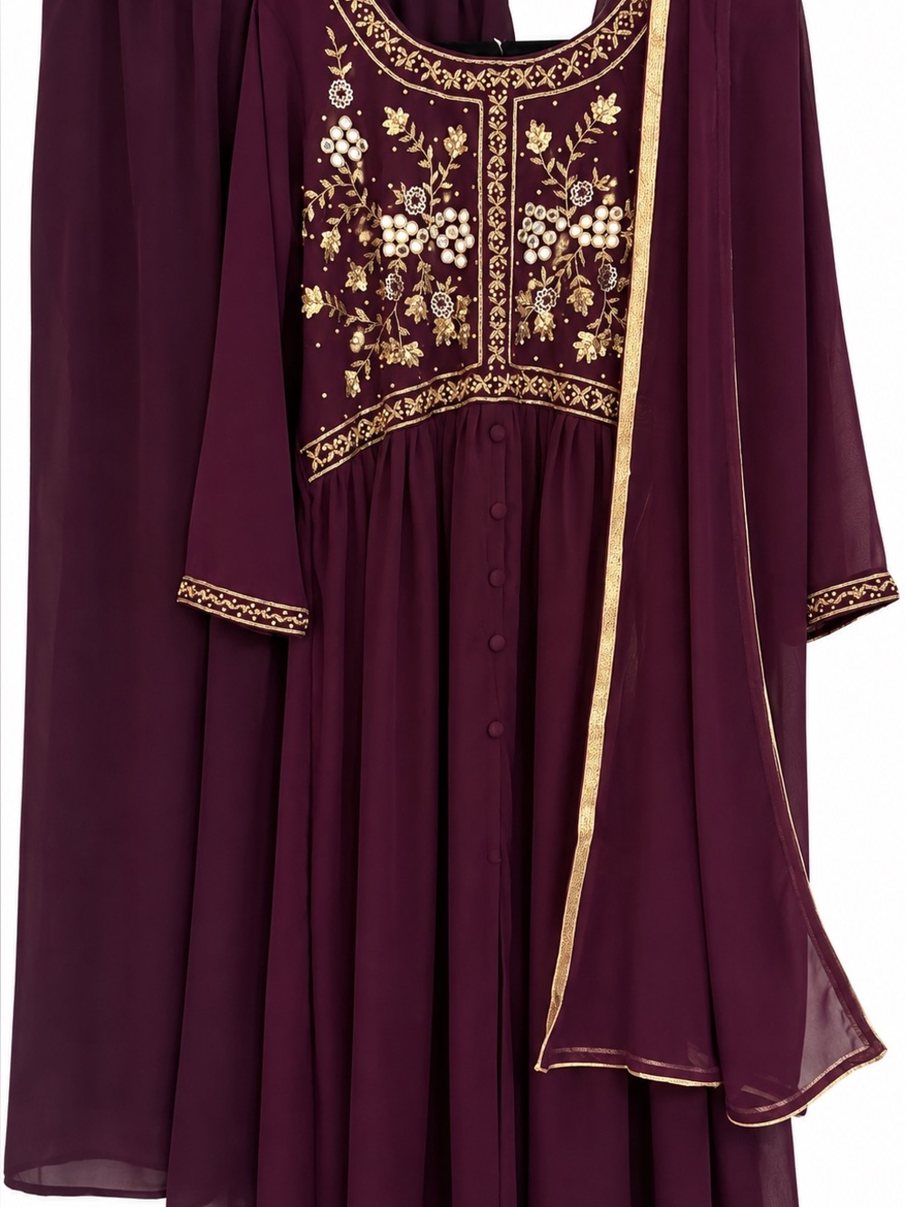 Elegant Women's Embroidered Maroon Dress with Gold Accents